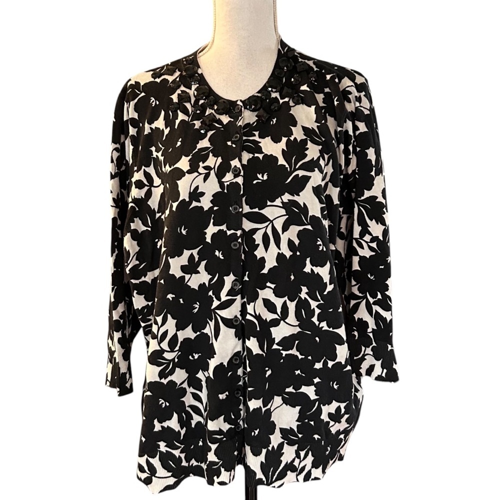 Kenar Woman Jewel Neck Floral Print Cardigan Sweater Plus Sz‎ 3X Black Knit NEW